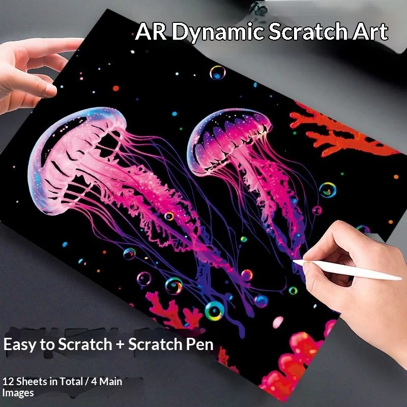 A4 DIY Scratch Painting Multi‑color Marine Animal Butterfly Flowers Building Night View Manual Scratch Painting Drawing Toys
