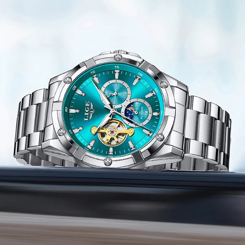 LIGE جديد توربيون ساعات أوتوماتيكية للرجال موضة الأعمال ساعة رجالية فاخرة رياضية مقاوم للماء ساعة يد ميكانيكية للرجال