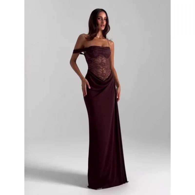 Nieuwe collectie off-the-shoulder kanten sensuele strapless jurk hoge taille uitgesneden lange lengte effen kleur jurk