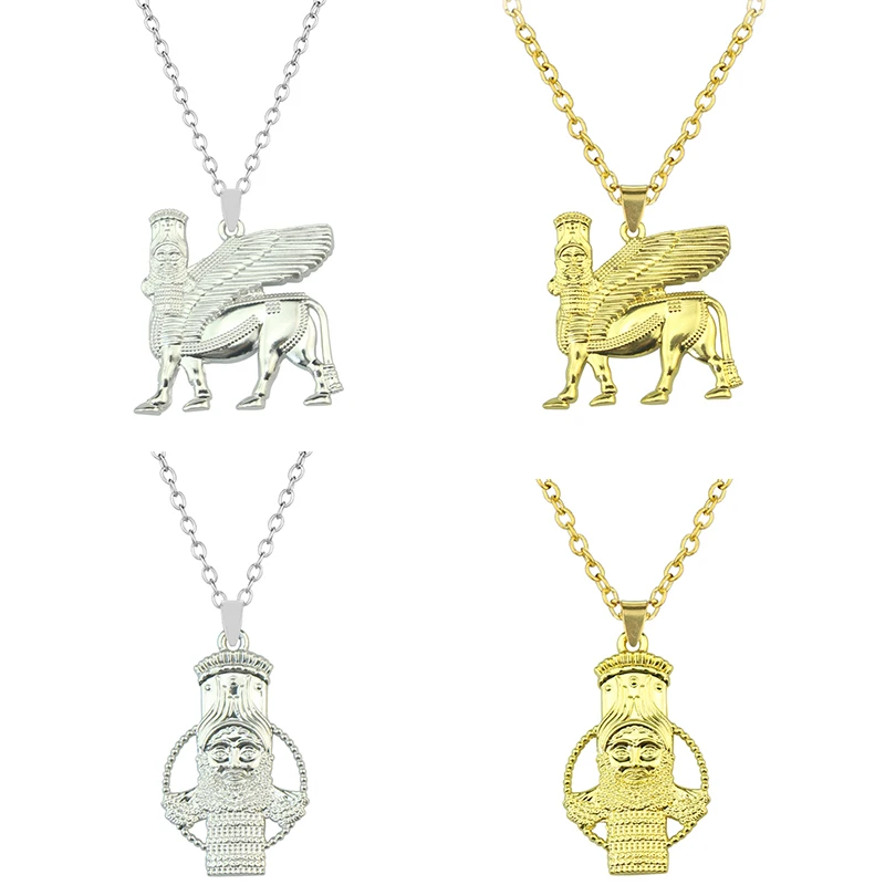 Anniyo Ashur Pendant Necklaces for Women Men Babylonian Mythology Winged Bull Lamassu Assyrian Protective Deity Jewelry