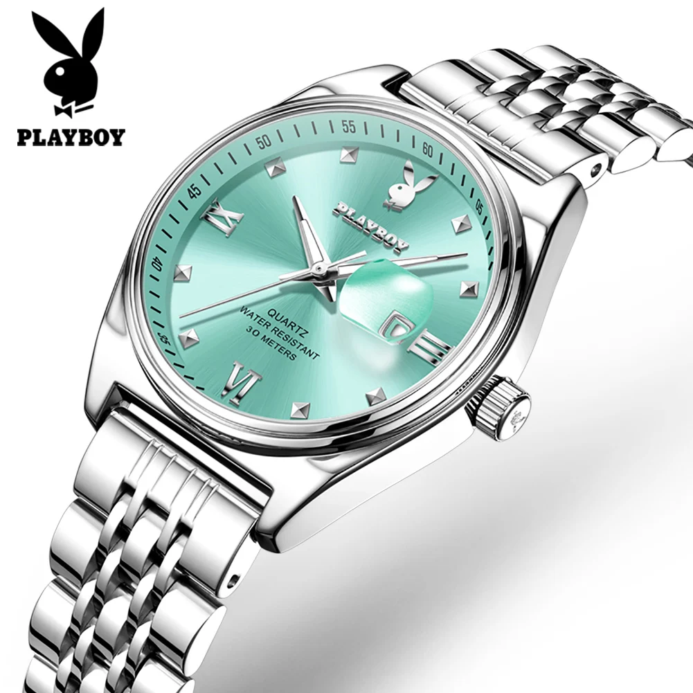 PLAYBOY Women's Quartz Watches Stainless Steel Simple Calendar Waterproof Luminous Watch for Woman Elegant Ladies Watch 3556
