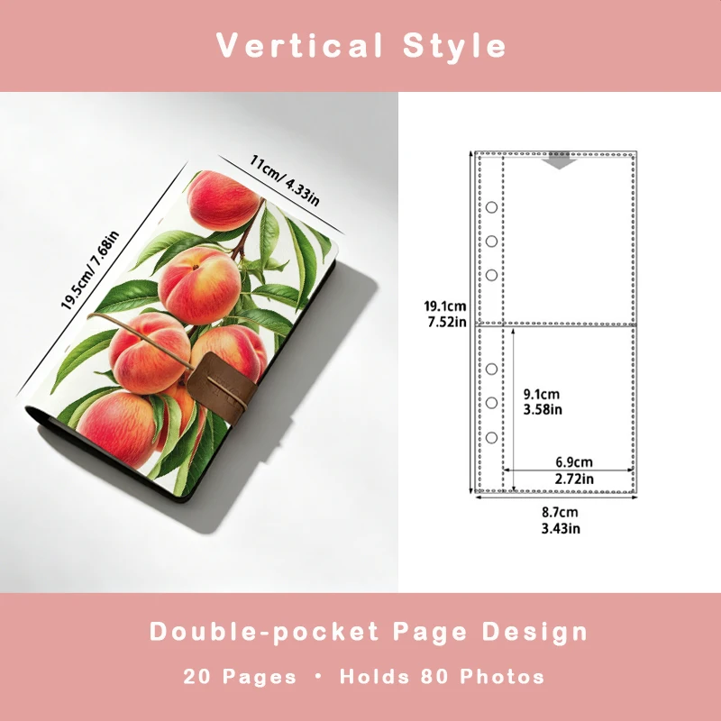 Red Blush Peach Fruit Green Leaf Branch Print Vertical Instant Photo Album Sweet Gift for Girls & Fruit Aesthetic Lovers