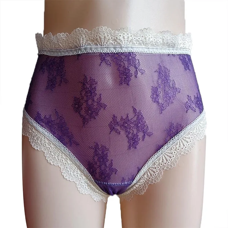 

Women Sexy Purple Floral Plus Size Lace Hem Embroid Hip Packe Mesh See Throug Triangle Briefs Sissy Erotic High Waist Panties
