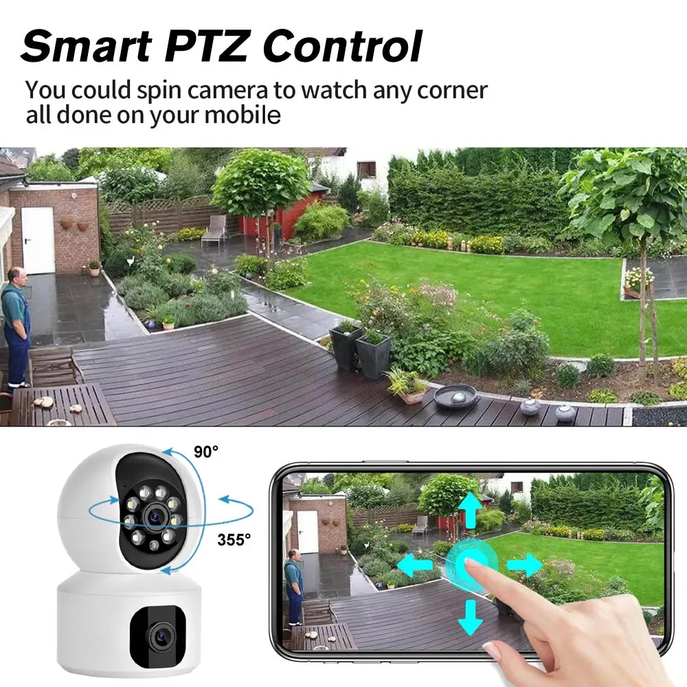 Kamera CCTV dalam ruangan, lensa ganda 4MP WiFi IP dengan kamera CCTV ° PTZ perlindungan keamanan cerdas, Monitor Video pengasuh bayi hewan peliharaan