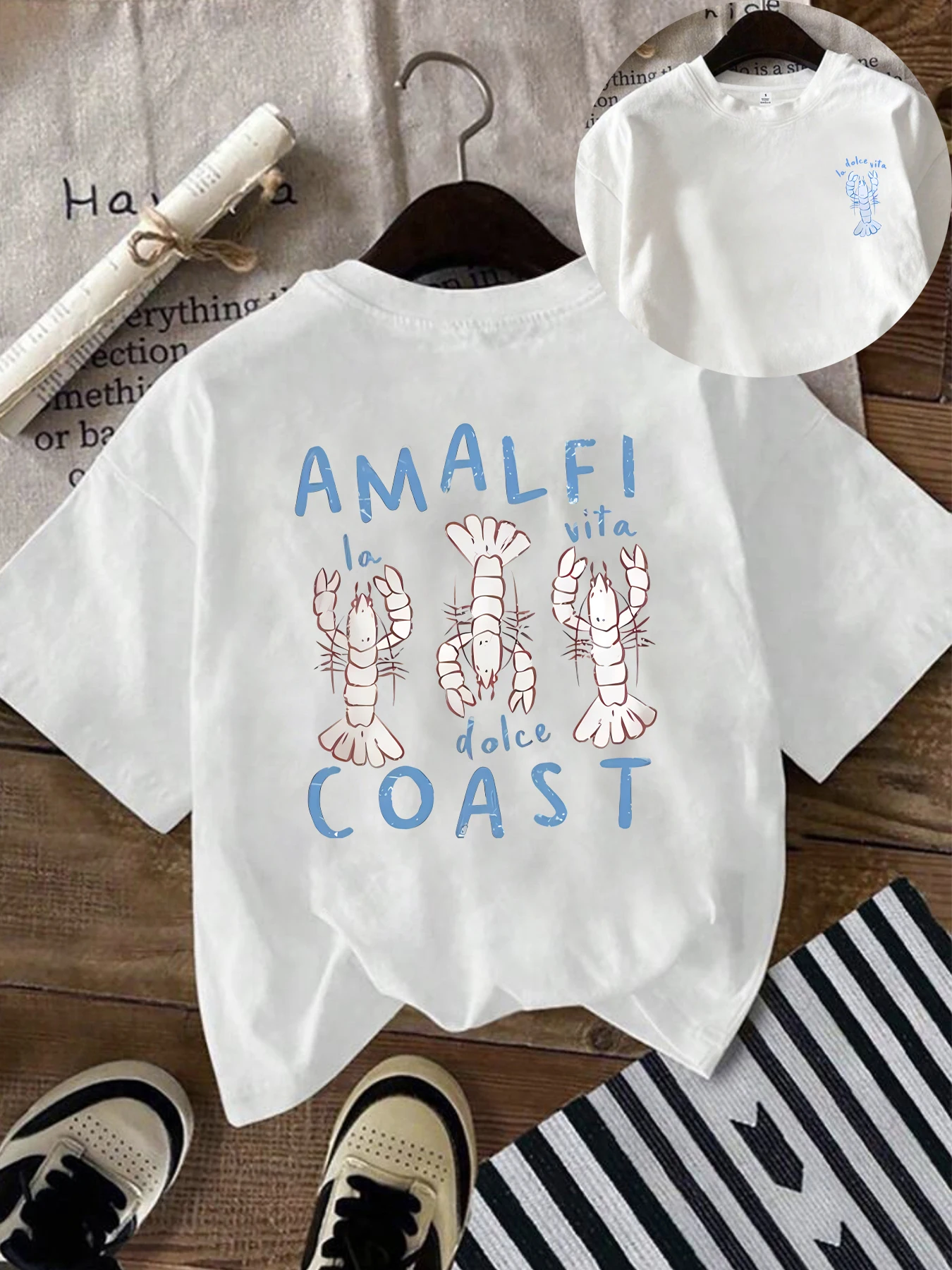 

Lobster Plus size women's round neck short sleeve T-shirt with elastic half sleeves and trendy prints