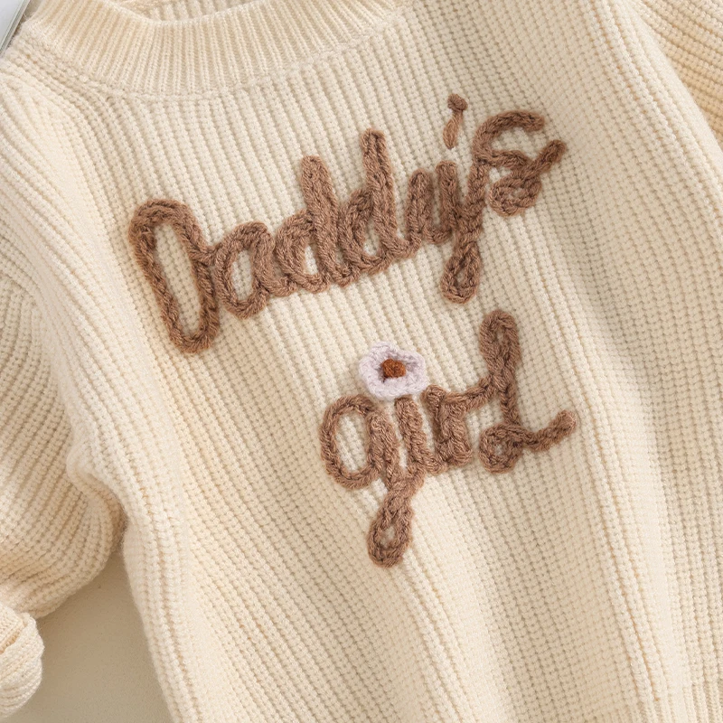 Newborn Baby Girl Knitted Jumper Toddler Girls Daddy s Girl Letter Embroidery Sweater Crew Neck Long Sleeve Knitwear Knit