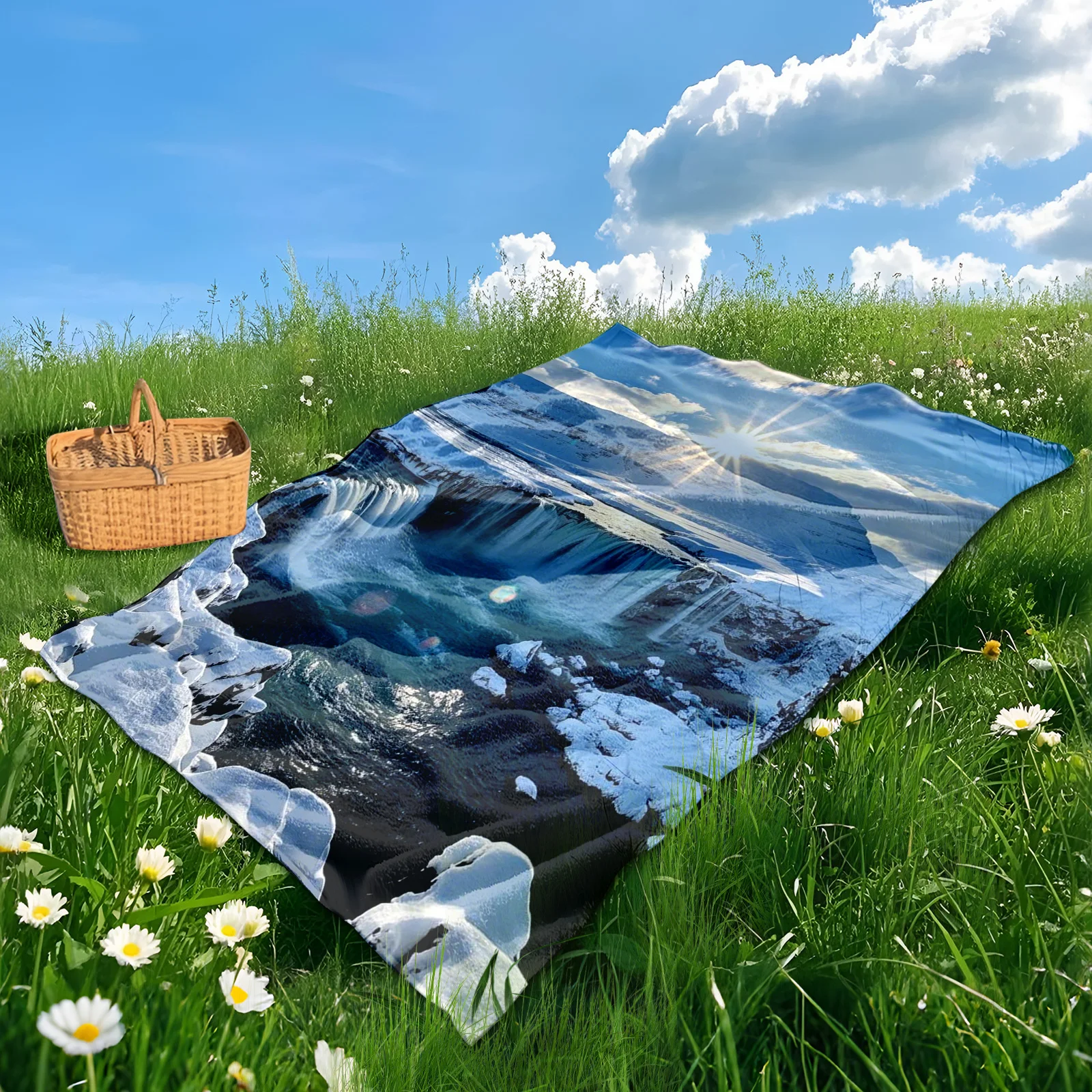 Icelandic Waterfall Ice Snow Sunlight Stream Outdoor Blanket For Scenic Exploration And Nature Relaxation