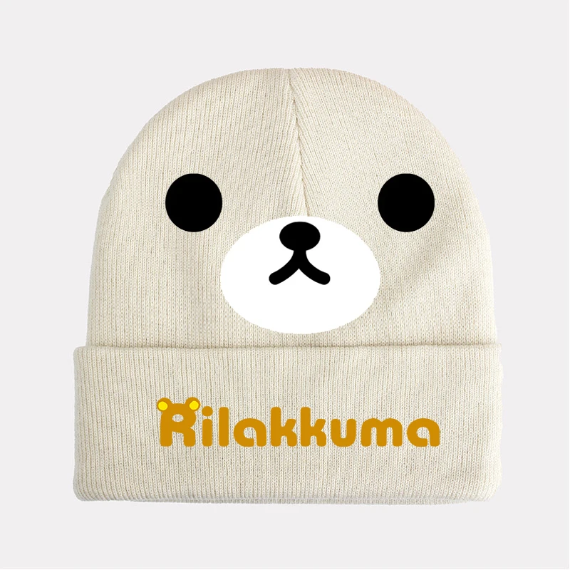 Leuke RULAKKUMA BEER Gebreide muts Muts Winter Warm Leuke Cartoon Anime Print Wollen muts voor kinderen Tieners Meisjes Jongens Outdoor Warme mutsen