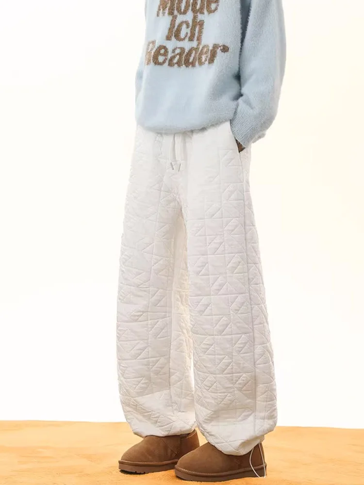

White Diamond Pattern down Cotton Pants Men's Winter Outerwear Northeast Cold Resistant Warmth Leggings Wide Leg Long Trousers