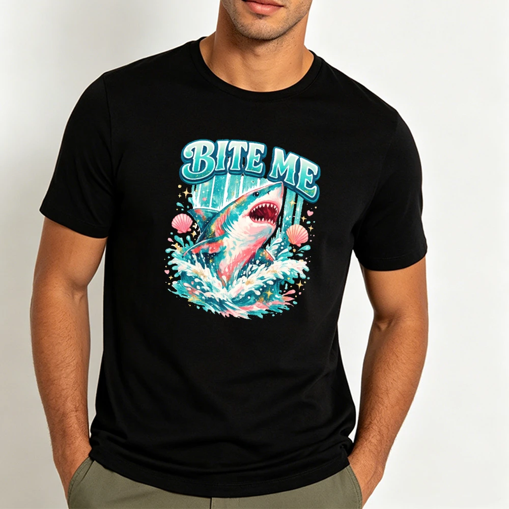 Bite Me Splash Shark Seashell Star Design Men Summer T Shirt Vibrant Ocean Animal Print Casual Daily Holiday Top