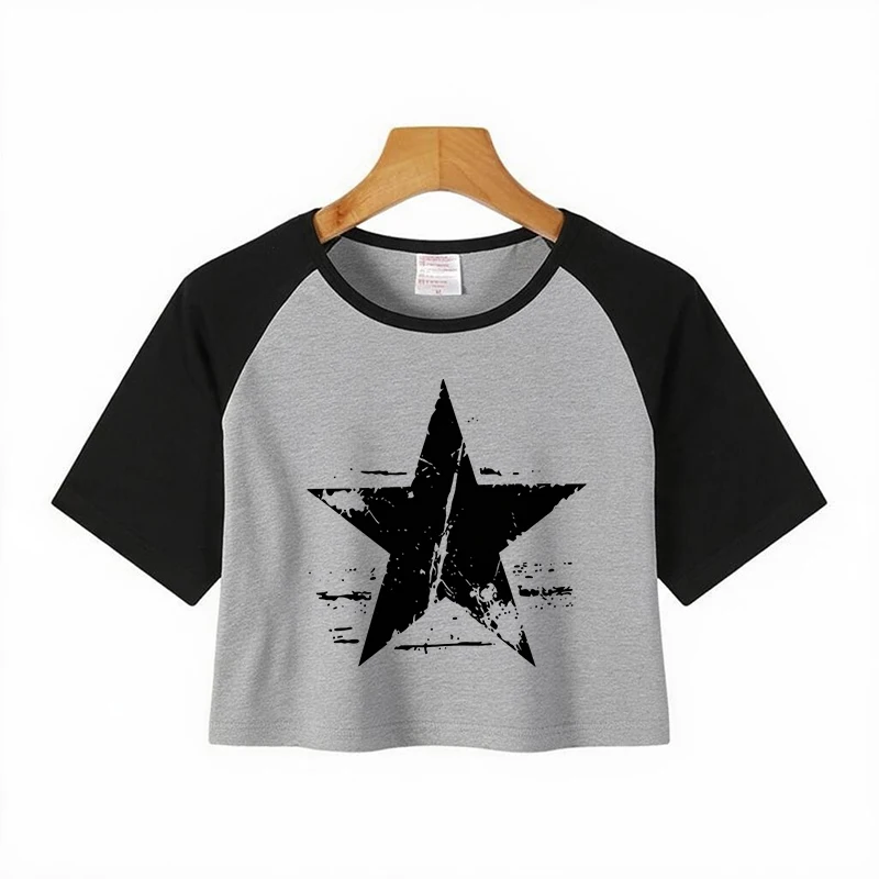 Women's Star Print Raglan Short-Sleeve Cropped T Shirt Vintage Style Crew Neck Crop Tops Graphic Y2k Sexy Clothes Femme Outfit