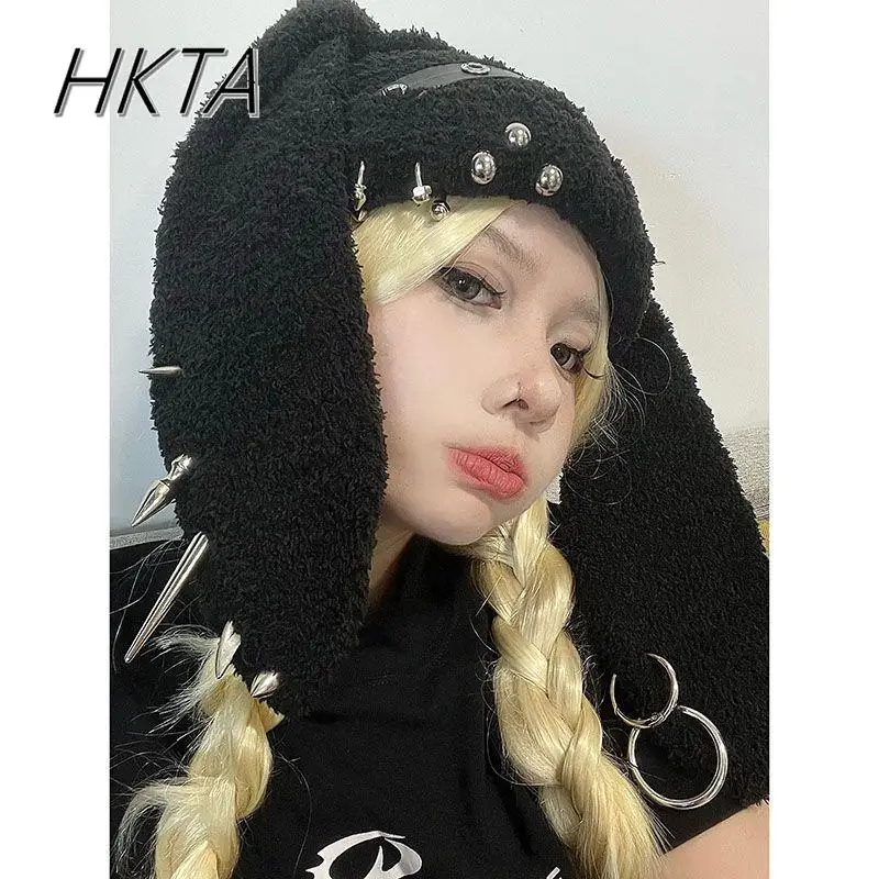 Christmas Cute Rabbit Ear Hat Autumn and Winter Design Rivet Leather Buckle Subculture Y2k Cap Punk Harajuku Black Rabbit Hats