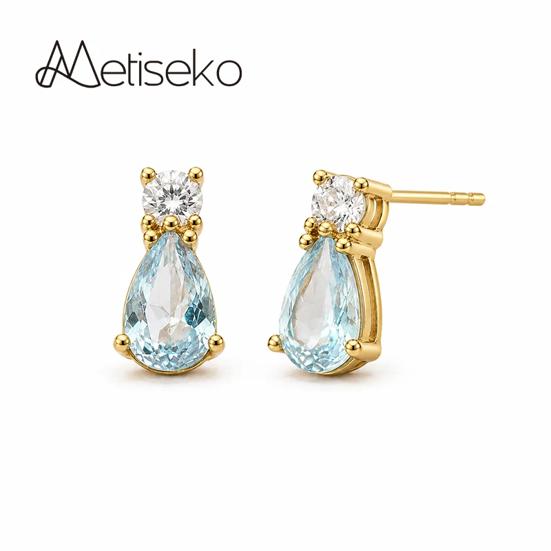 Metiseko 925 Sterling Silver 14K Gold Plated Light Aquamarine Blue Pear Cut Zirconia Stud Earrings for Women Teardrop Jewelry