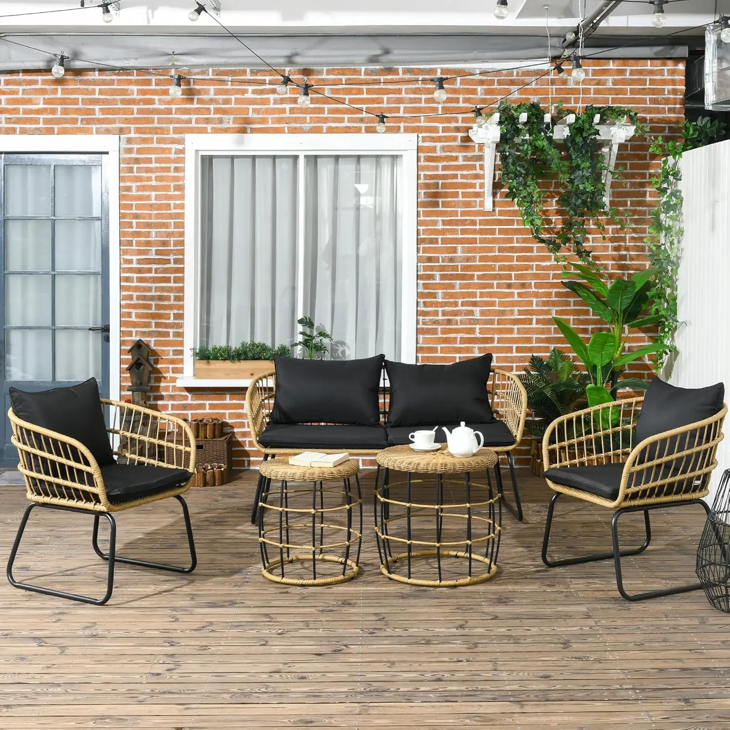 5pcs PE Rattan Outdoor Furniture Set w/ Cushioned Chairs & Loveseat Sofa, Patio Conversation Sofa Set w/ Stackable Coffee Tables