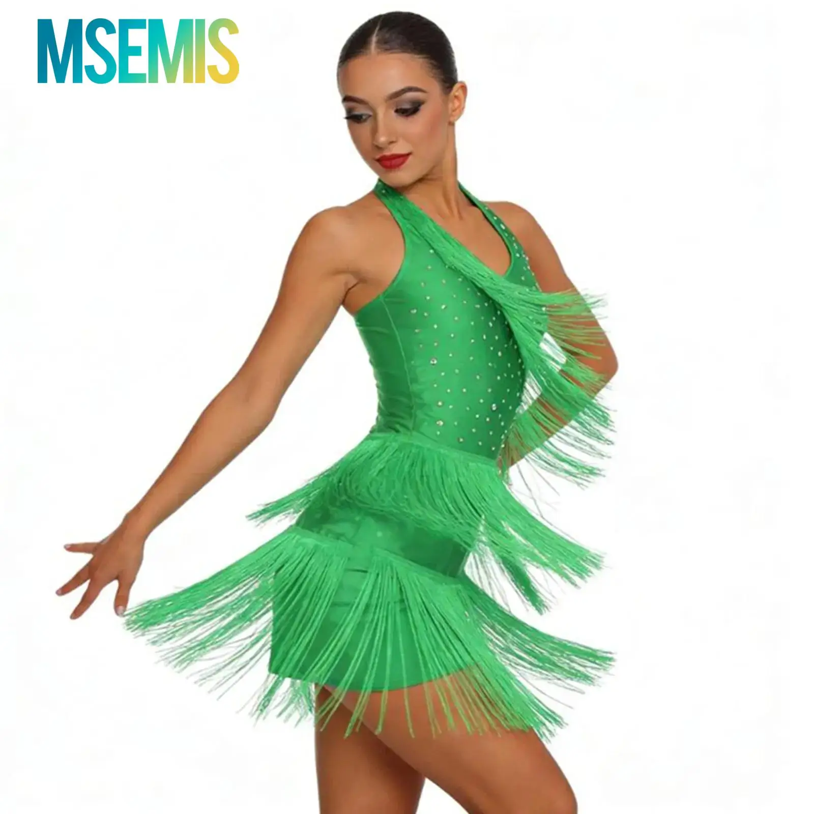 Womens Gymnastics Latin Tango Salsa Jazz Dance Performance Costume Spark Rhinestones Fringed Dance Leotard Bodysuit Jumpsuit