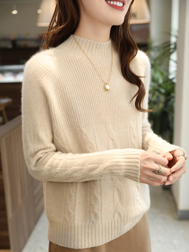 Large Size Women's Sweater Fall Winter 100% Merino Wool HalfHigh Collar Pullover Knitted Outerwear Knit Top Fashion Trend Casual