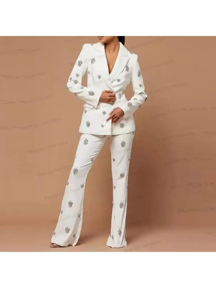 

2025 Spring Fashion Heavy Industry Diamond-Studded Beaded Elegant Suit And Pants Trousers Sets For Women 2 Pieces