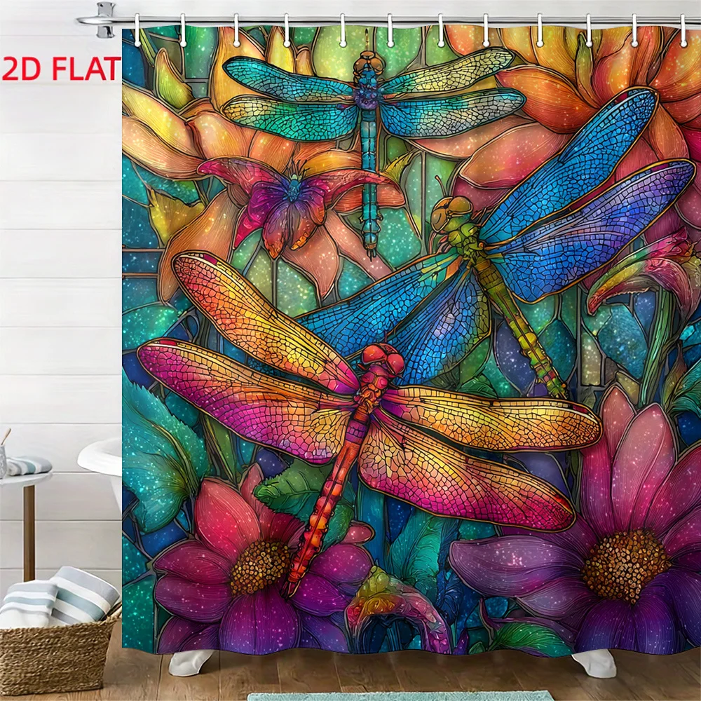 2D Flat, 2D Flat, A Colorful Dragonfly Printed Shower Curtain in a Flower Pattern, Complete with Hooks, Made of Polyester Fabric
