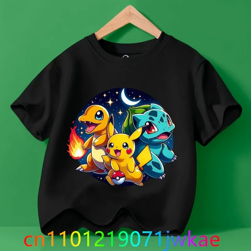 Tops de cumpleaños Kawaii, nueva camiseta de Pokemones de dibujos animados para niños, ropa estampada bonita para niños y niñas, traje de Anime, camisas de manga corta