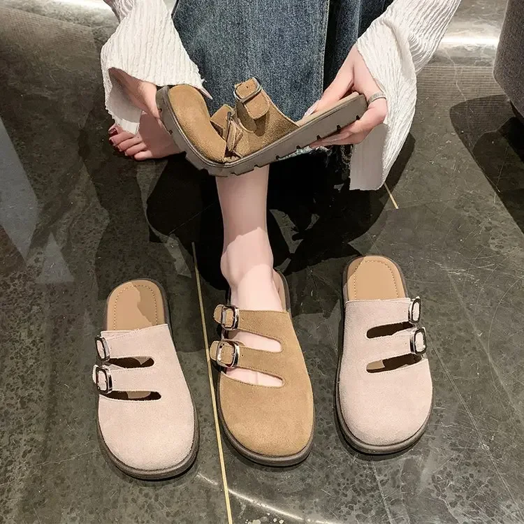 Baotou Slippers Women Spring New Fashion Light Comfortable Couple Slippers Female Retro Suede Solid Belt Buckle Women's Shoes