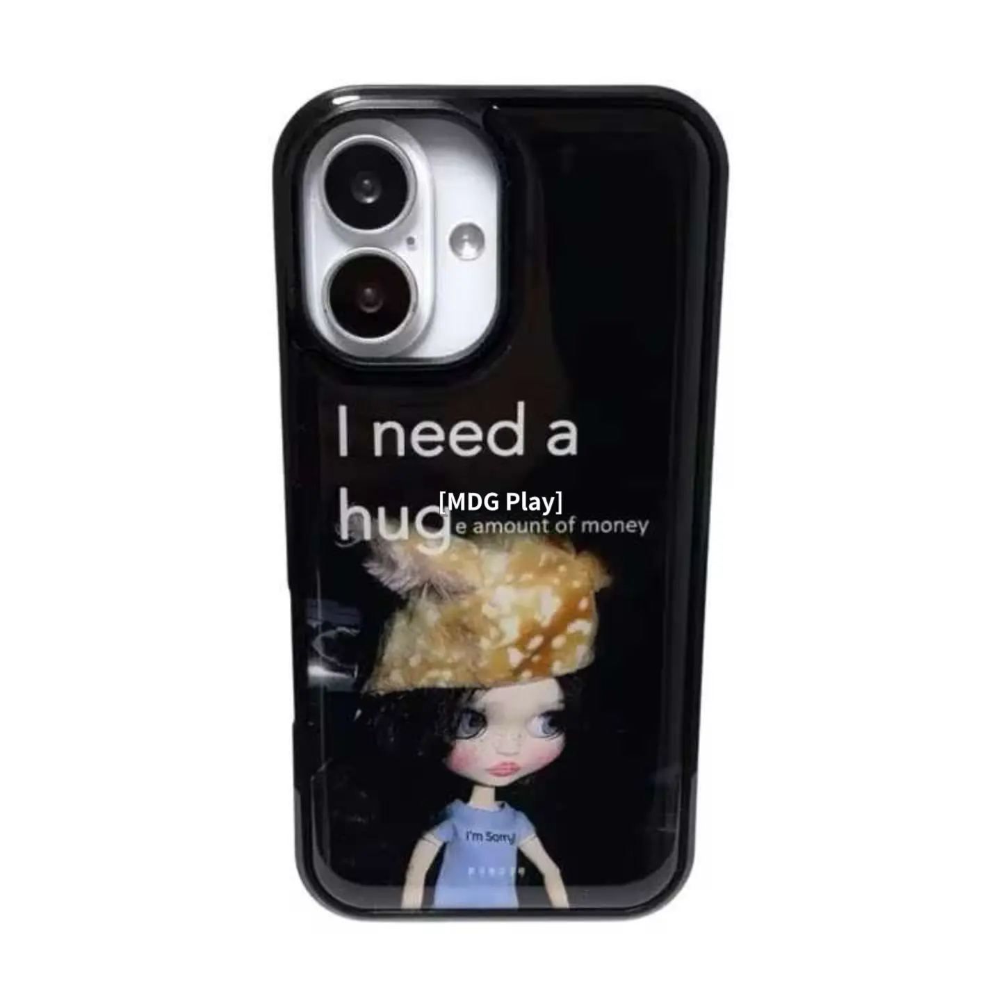 Korean Ins Cute Headscarf Doll Black Border Drip Glue Phone Case For iPhone 17 Air 16 Pro Max 15 14 Plus 13 12 11 Back Cover view 5