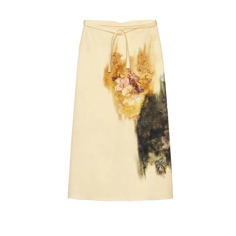 Primavera nueva mujer Simple Sle nudo dobladillo decorado falda Midi dividida estampado largo Sve redondo Ne Jersey Faion Set