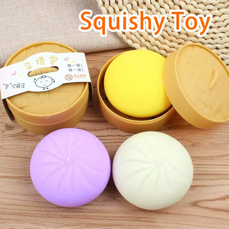 Colorful Steamed Bun Squishy Stress Ball Fidget Sensory Toy Simulation Food Squishy Steamed Bun with Bamboo Steamer Dough Ball