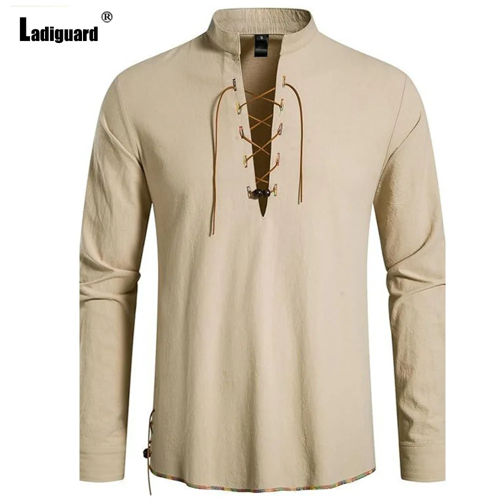 Men Vintage Cotton Linen Shirt Clothing 2025 Europe Classic Basic Top Pullover Solid Khaki Lace-up Blouse Mens Casual Shirts New