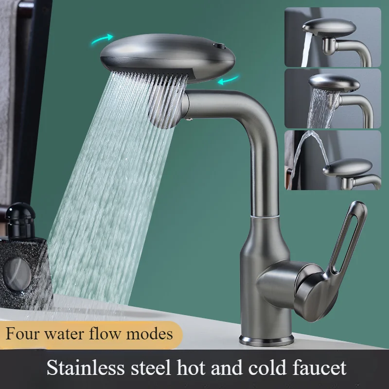 

Bathroom basin faucet, four water flow modes, hot and cold faucets, stainless steel multifunctional faucet