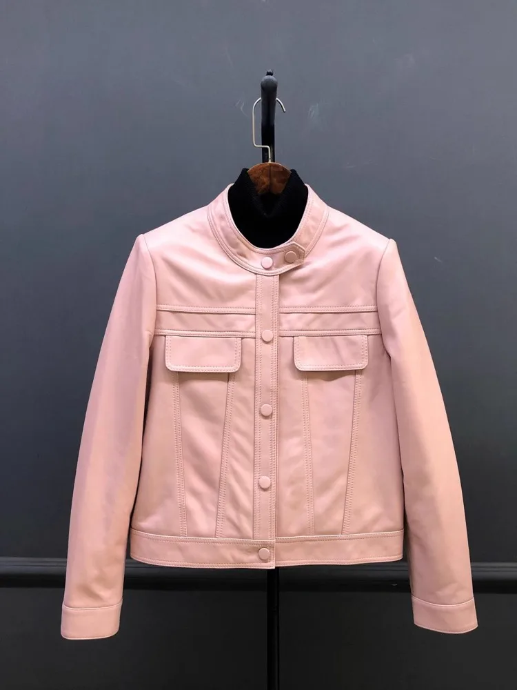 Damska kurtka motocyklowa ze skóry naturalnej ze stójką, codzienna, jednolita, wiosenno-jesienna, z długim rękawem, krótka kurtka z prawdziwej skóry owczej.