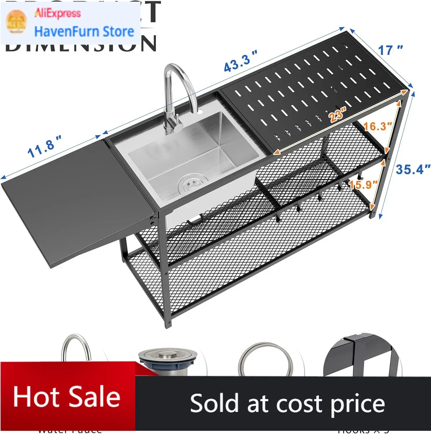 

Activity price55 Inch Freestanding Kitchen Utility Sink Stainless Steel Single Bowl Foldable Countertop Cold Hot Water Faucet Fa