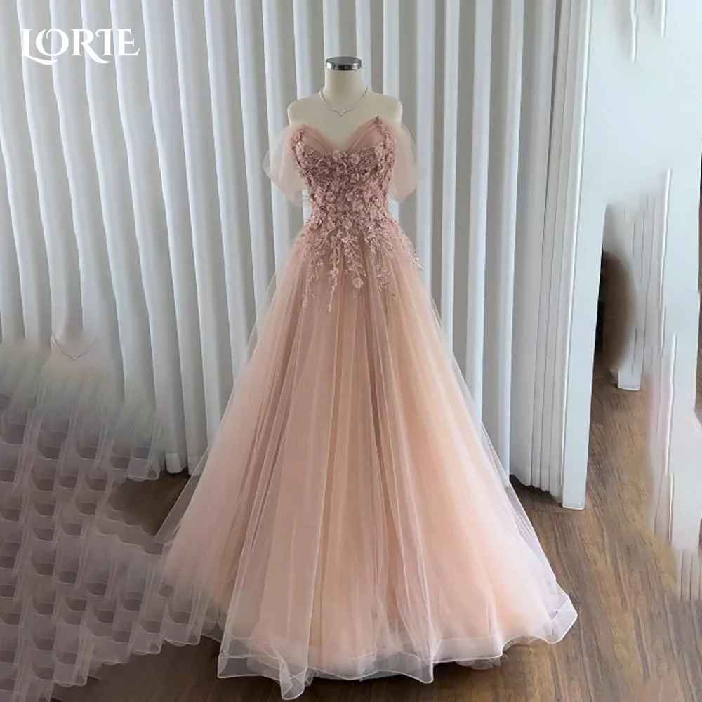 

LORIE Lace Puff Sleeves Party Dress Off Soulder Applique A-Line Evening Dress Prom Dress 3D Flower Party Gown Club Customized