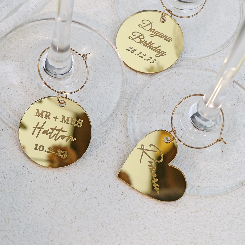 Étiquettes à Cliquetis Personnalisées, Breloques Rondes en Verre à Vin Acrylique, Marqueurs Personnalisés en Forme de Cœur, Cadeau, Cartes de Place, Signe de ixde Mariage