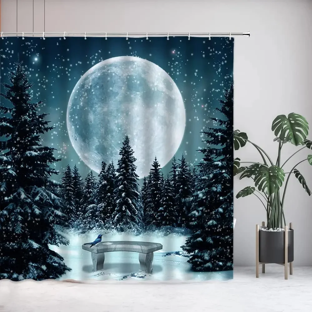 Занавеска для душа зимняя в виде полумесяца, скамейка с изображением сосны, снега, ночного неба, скамейки, птицы, природного леса, ландшафта, крючок для декора ванной комнаты