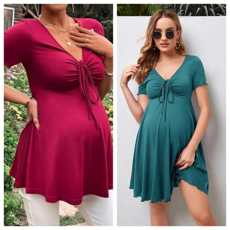 New European and American Maternity Dress With Drawstring Decoration On The Chest V-neck Short Sleeved Dress