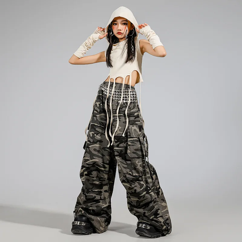 Kid Moderne Danskleding Meisje Jazzdans Lace up Crop Hoodie Camouflage Broek Navel Prestaties Pak Kpop Groep Toneelkostuum