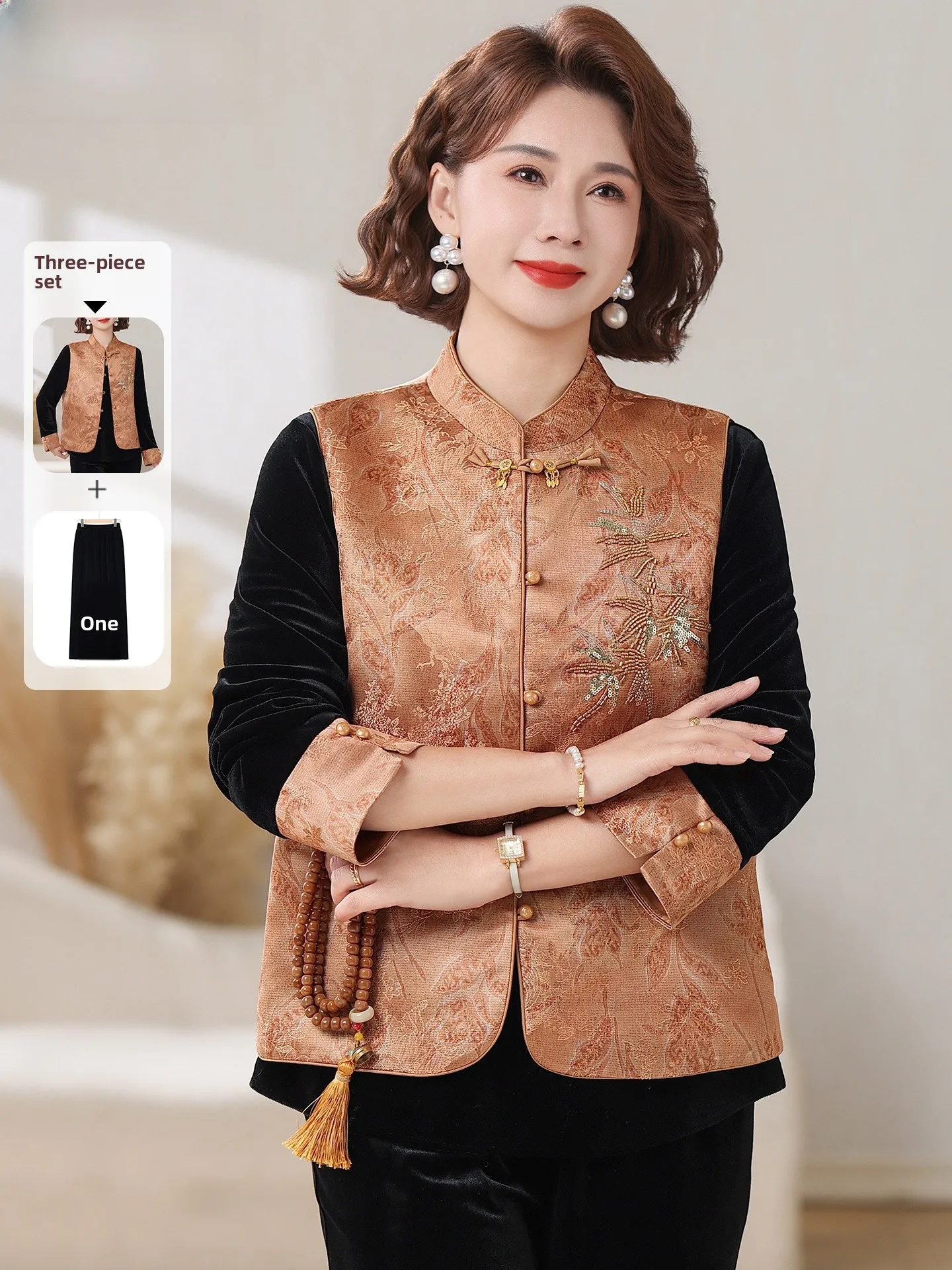 

New Chinese Sle Women's Spring Faion Set Gold Velvet Top Middle-Aged And ly Spring Autumn National Sle Vest Top