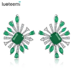 LUOTEEMI Korean Fashion Green Yellow Cubic Zirconia Flower Stud Earring for Women Wedding Bridal Party Girl Unusual Sexy Jewelry