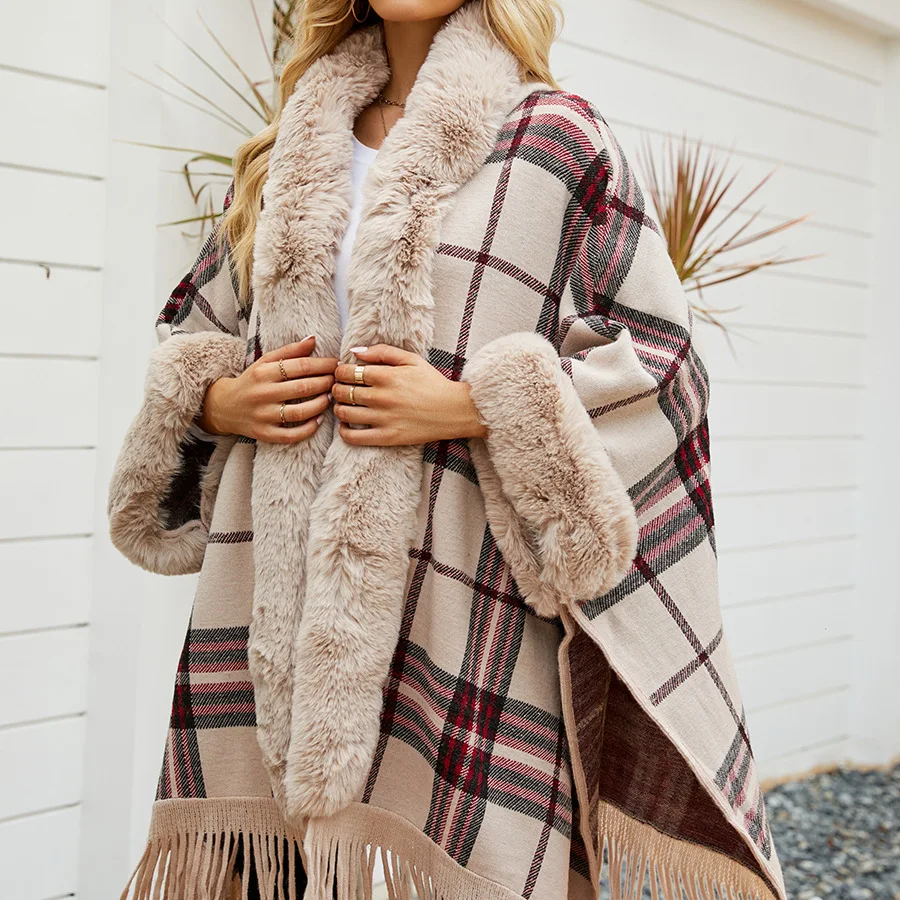 Plaid Faux Fur Coat Hooded Poncho Cape Loose Plus Size Autumn And Winter Fast Delivery Shawl Woolen Knitting Tassel Coats Women