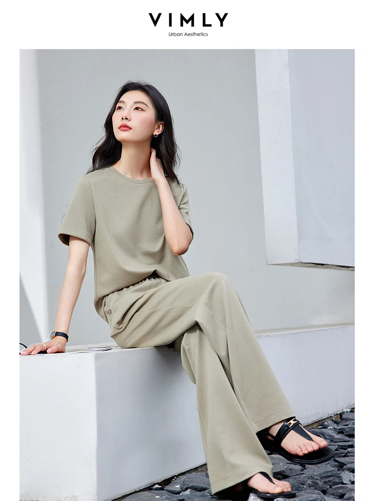 VIMLY Summer Casual Women Sporty Short Sleeve Tee Top Tracksuit  2Piece Set Loose Solid Simple Top+ Elastic Waist Wide Leg Pants