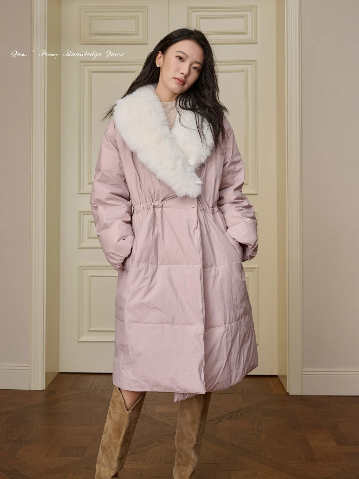 

Пальто QFKQ Gentlewoman Sle Long Thi с длинным рукавом, женское, с поясом на талии, из белого гусиного пуха, теплое, с большим меховым воротником