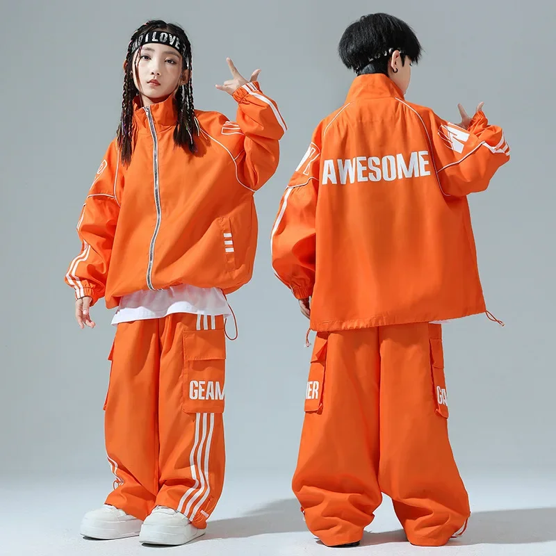 New Street Dance Costumes for Kids Children Orange Hip Hop Suit Fashion Jacket Pants Modern Kpop Outfits Teens Girls Stage Sets