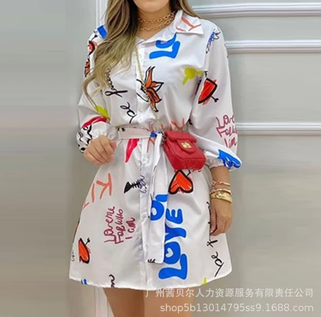 

Commuting Style for Women 2024 Spring Summer Medium Length Skirt Elegant Style Long Sleeved White Printed Shirt Dress