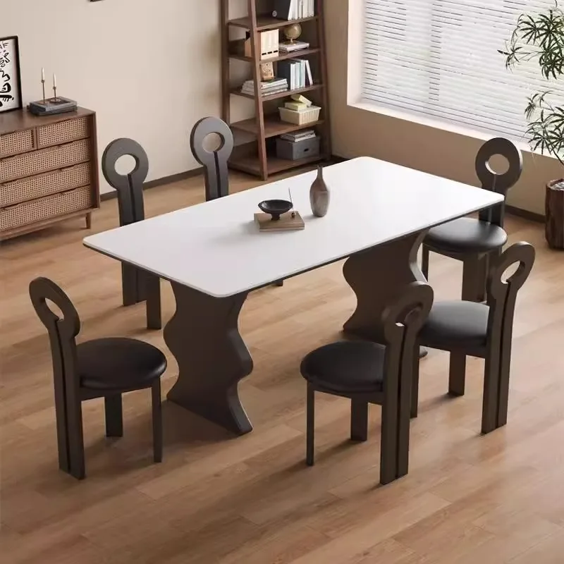 طاولة طعام مستطيلة من الخشب الصلب القديم، شقة منزلية صغيرة، طاولة طعام مموجة متوسطة وقديمة الطراز #2