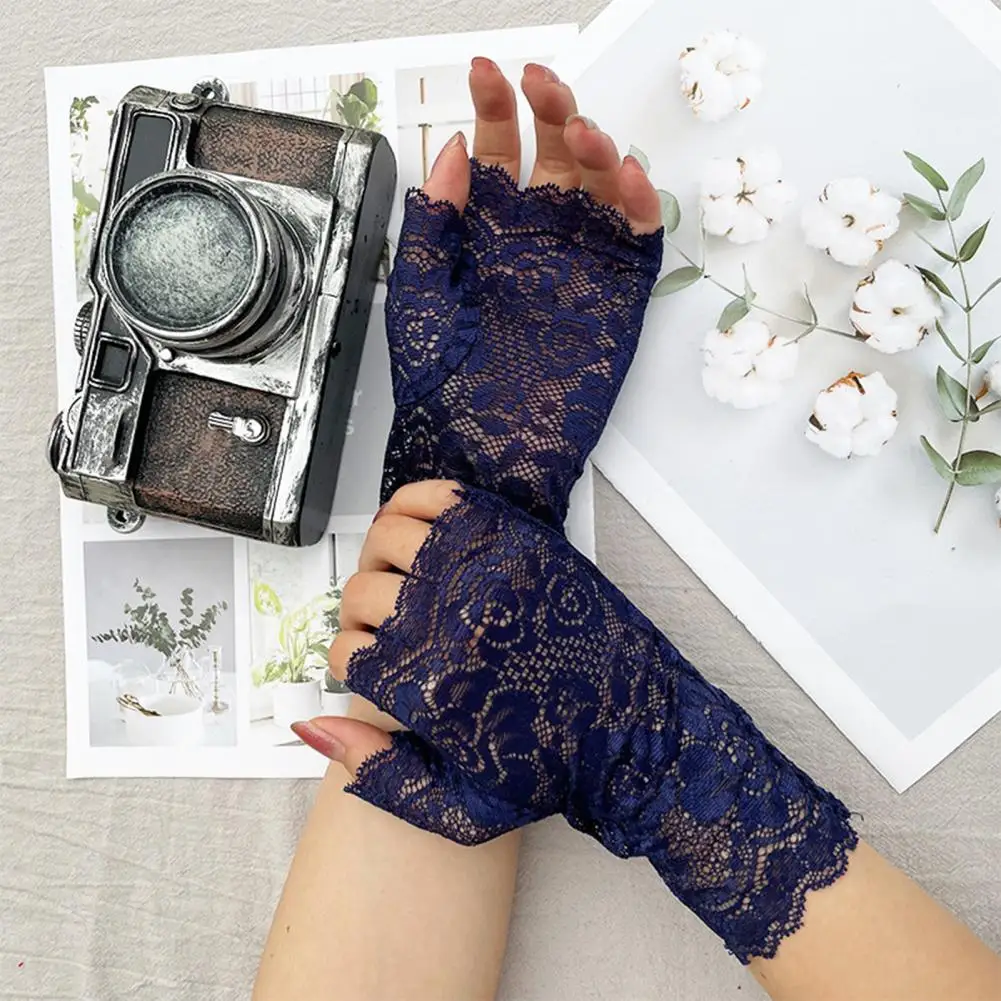 

Solid Color Gloves Half Fingers Lace See-through Hollow Out Flower Embroidery Elastic Bride Wedding Party Decorative Gloves