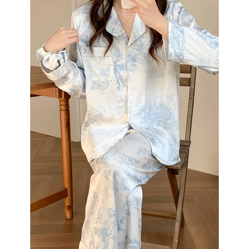 Women\'s Sexy Sleepwear Long Sleeved Satin Shirts Home Wear Lingerie Set Loose Casual Pyjamas Spring Autumn Printed Nightwear