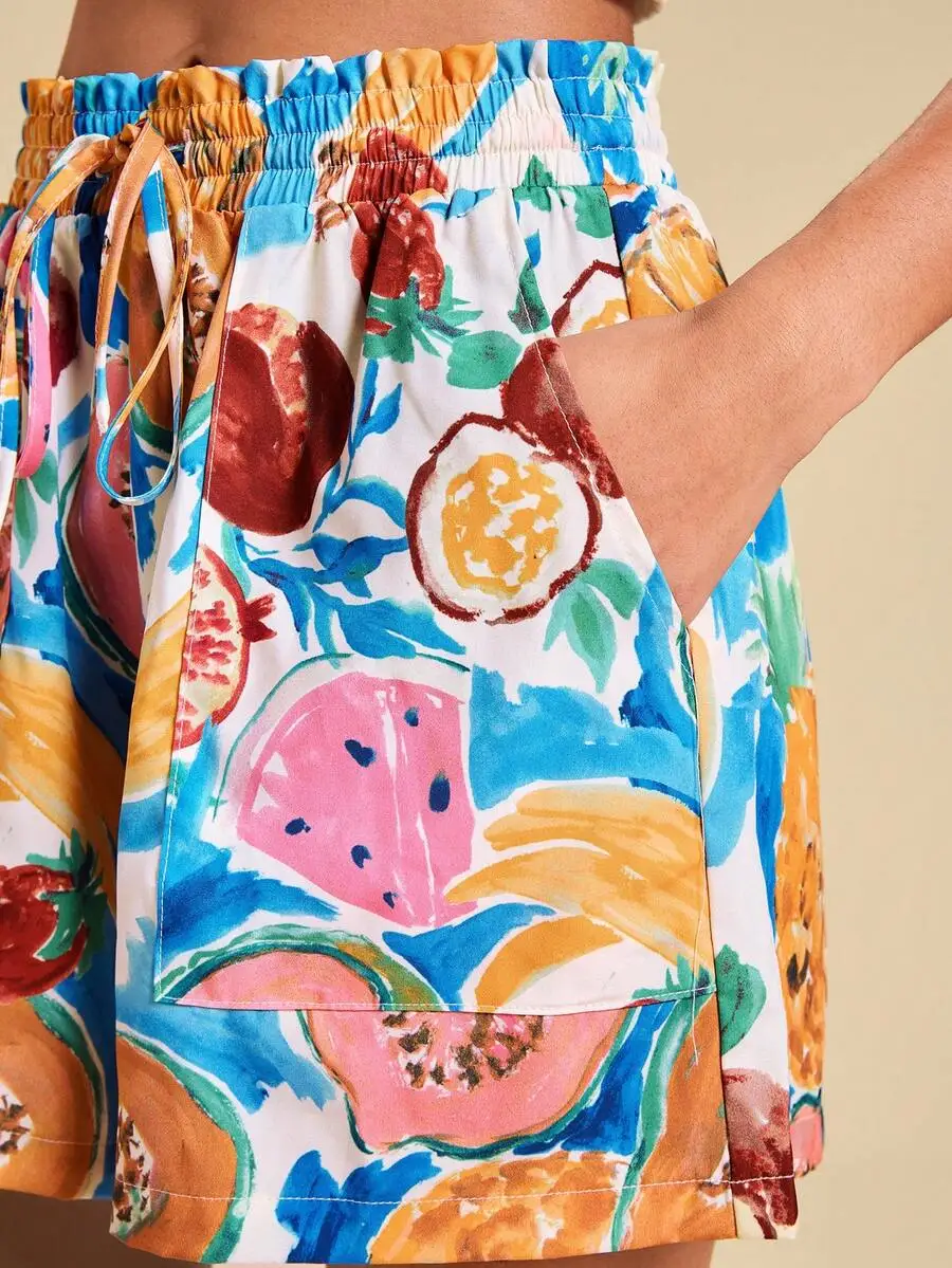 

Womens Vibrant Fruit Print Elastic Waist Shorts With Tie Detail Summer Beachwear Casual Outfit