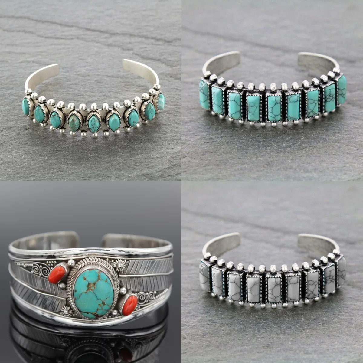 

New Tibetan geometric square turquoise leaf bracelet retro cross-border engraving metal opening bracelet travel