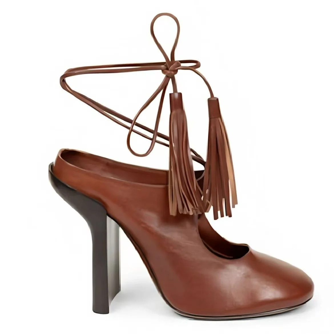 Women's Leather Sandals Tassel Detail Design Round Toe Block Heel Lace-Up Straps Ladies Elegant Classic Spring Casual Shoes