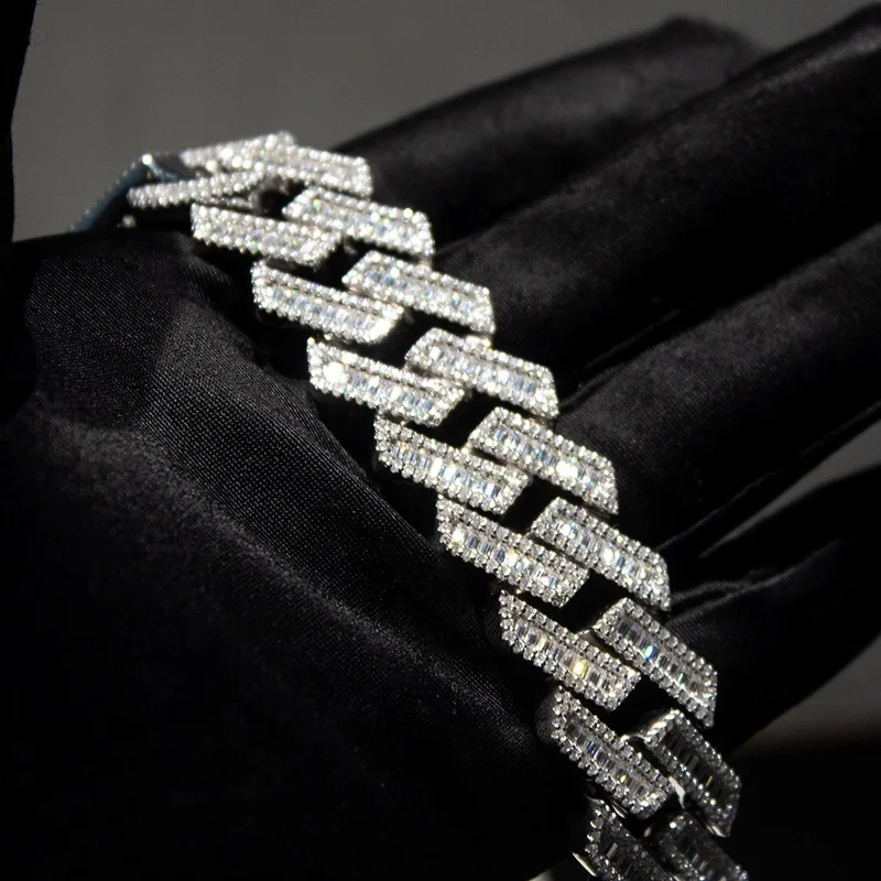 20MM Hip Hop Jewelry 925 Sterling Silver Gold Plated baguette Cuban Chain Moissanite Cuban link Chain Necklace image 5